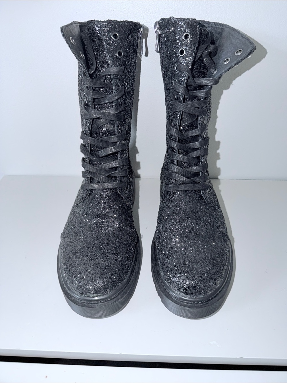 Women's Black Glitter Lace-Up Combat Boots. Sz 39 (6.5 US)